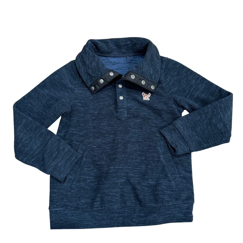 AIGLE MIDOUZE JR Kids‎ Fleece Pullover Sweatshirt Mock Neck Snap Buttons Blue